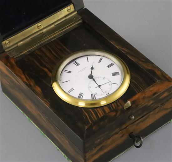 John Poole of London. A coromandel wood cased travelling timepiece, width 3.75in. depth 4.75in. height 2.5in.